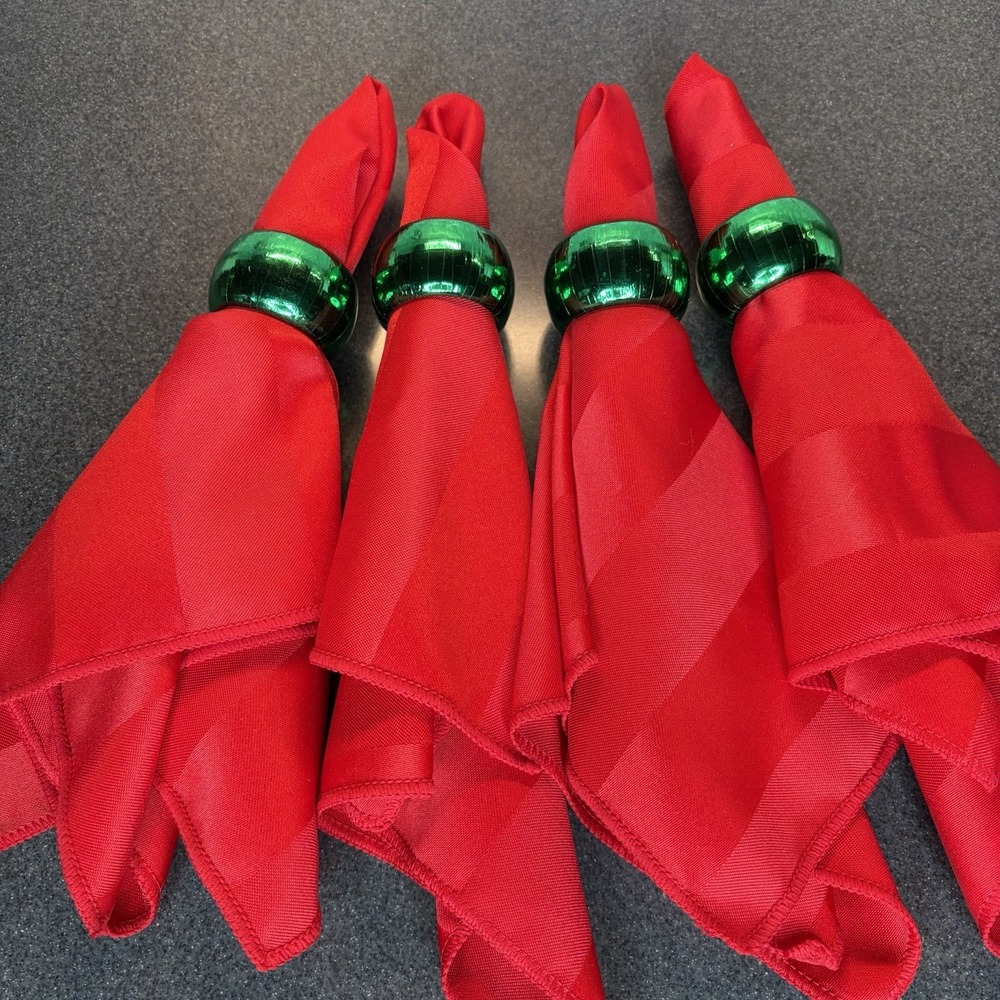 Red Striped Napkins Green Metallic Rings Christmas‎ Holiday 16X17 Set of 4